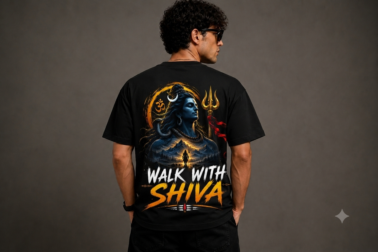 Walk With Shiva Mahadev Oversized T-Shirt for Men | Premium 240 GSM Cotton | Unisex Graphic Streetwear | Sattva Studio