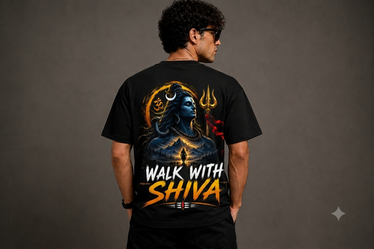 Walk With Shiva Mahadev Oversized T-Shirt for Men | Premium 240 GSM Cotton | Unisex Graphic Streetwear | Sattva Studio