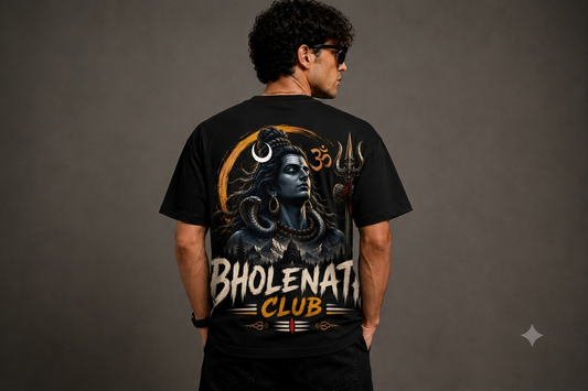 Bholenath Club Oversized T-Shirt for Men | Lord Shiva Graphic Back Print | 180 GSM Premium Cotton | Unisex Spiritual Streetwear | Sattva Studio