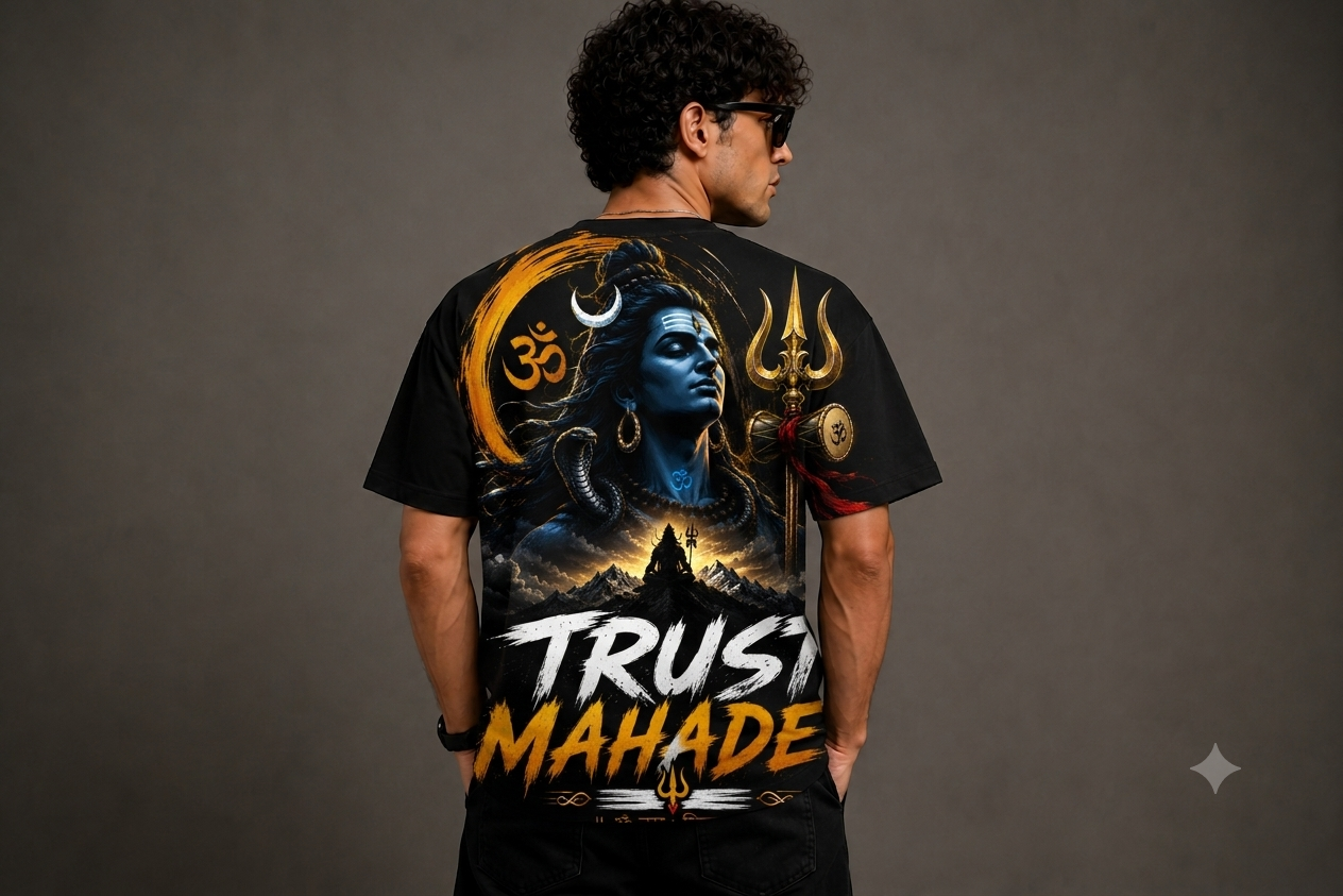 Trust Mahadev Oversized T-Shirt for Men | Premium 240 GSM Cotton | Unisex Shiva Graphic Streetwear | Mahadev Printed Tee | Sattva Studio