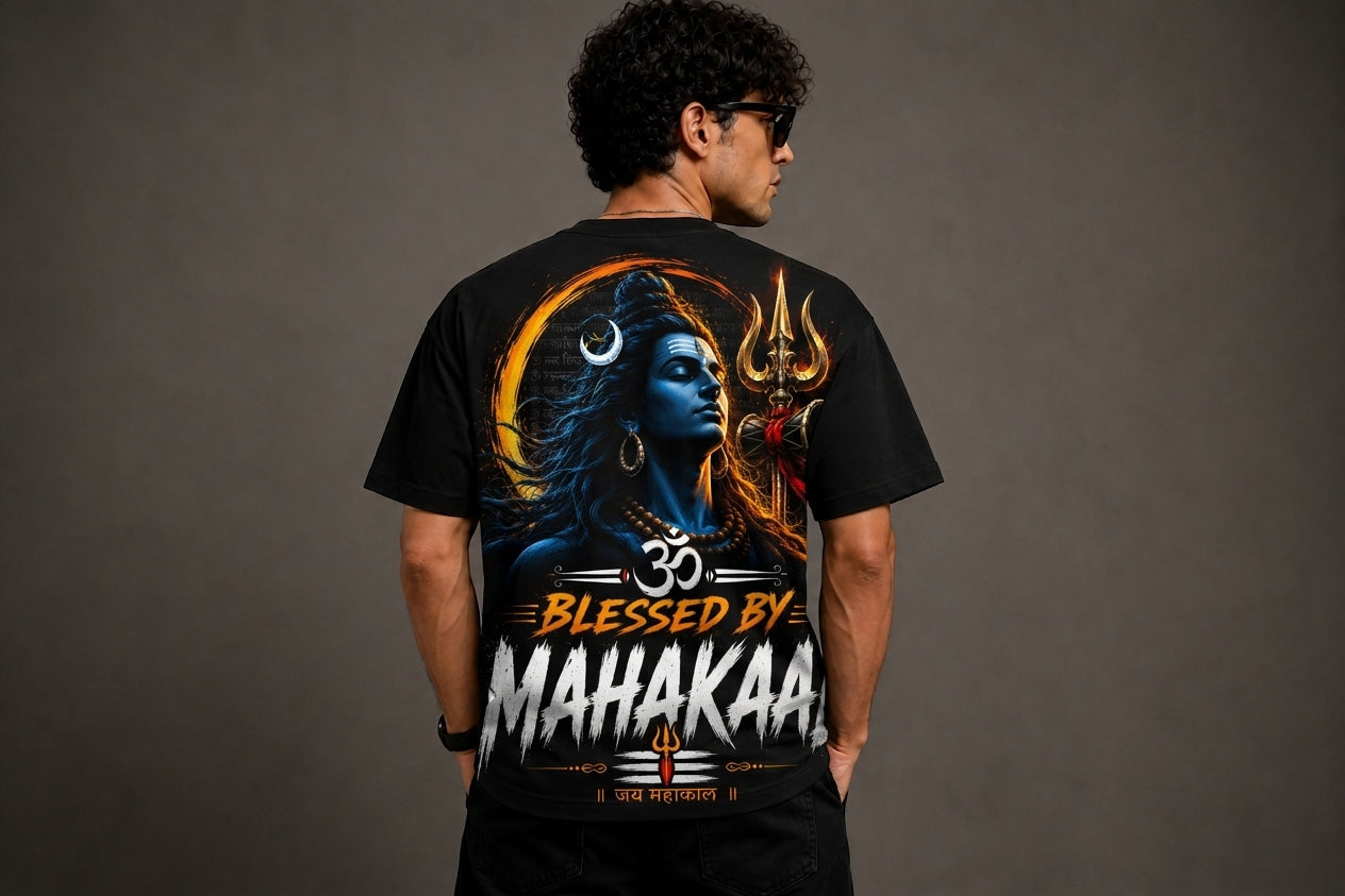 Blessed By Mahakaal Oversized T-Shirt for Men | Premium 240 GSM Cotton | Unisex Mahadev Graphic Tee | Shiva Streetwear | Sattva Studio