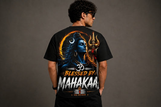 Blessed By Mahakaal Oversized T-Shirt for Men | Premium 240 GSM Cotton | Unisex Mahadev Graphic Tee | Shiva Streetwear | Sattva Studio