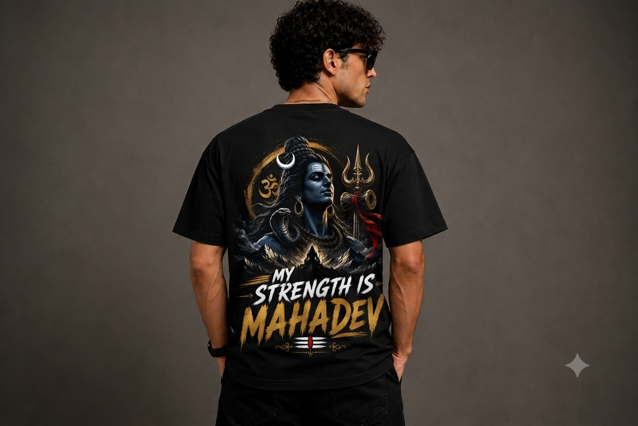 My Strength Is Mahadev Oversized T-Shirt for Men | Lord Shiva Graphic Back Print | 240 GSM Premium Cotton | Unisex Oversized Streetwear | Sattva Studio