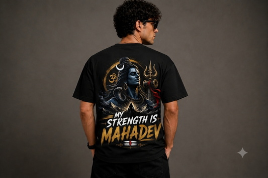 My Strength Is Mahadev Oversized T-Shirt for Men | Lord Shiva Graphic Back Print | 240 GSM Premium Cotton | Unisex Oversized Streetwear | Sattva Studio