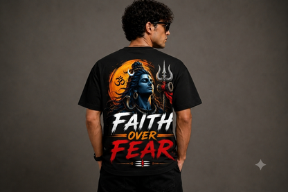 Faith Over Fear Mahadev Oversized T-Shirt for Men | Premium 240 GSM Cotton | Unisex Shiva Graphic Streetwear | Sattva Studio