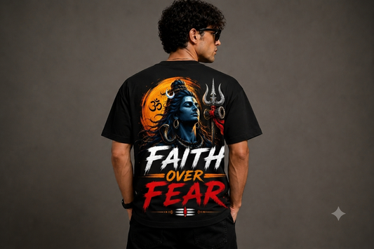 Faith Over Fear Mahadev Oversized T-Shirt for Men | Premium 240 GSM Cotton | Unisex Shiva Graphic Streetwear | Sattva Studio